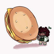 A smaller woman with darker skin and freckles on her face, red curly hair and a sprout on her head happily holding up a much larger cheeseburger in her hand.